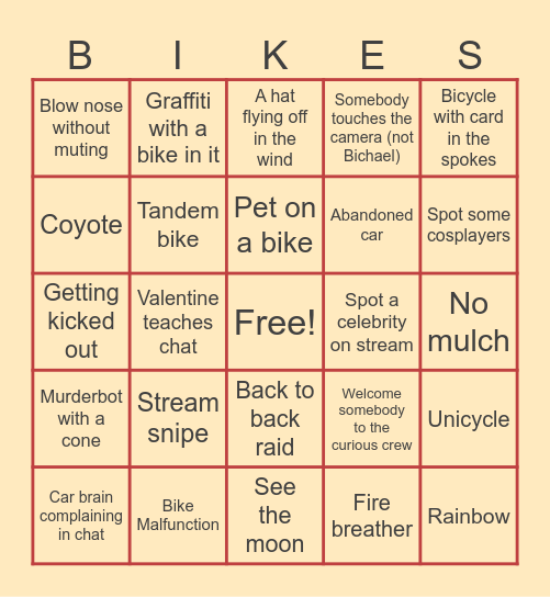 Bike Curious 2025 Stream Bingo Card