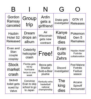 Stan 2025 Bingo Card