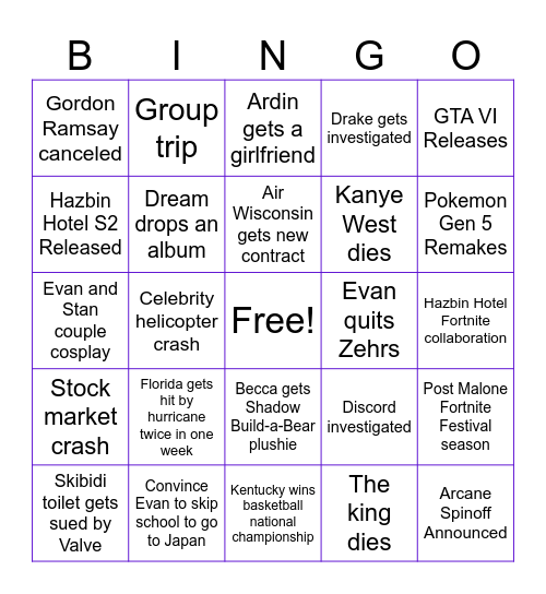 Stan 2025 Bingo Card