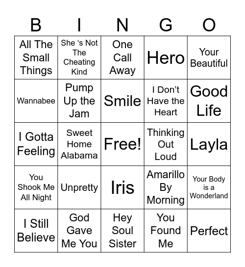 Name That Tune Bingo Card