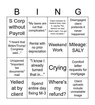 Tax Season Bingo Card