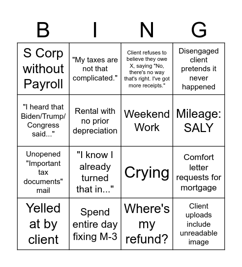 Tax Season Bingo Card