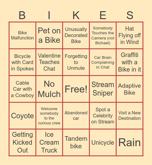 Bike Curious 2025 Stream Bingo Card