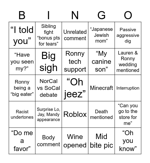 Family Bingo Card
