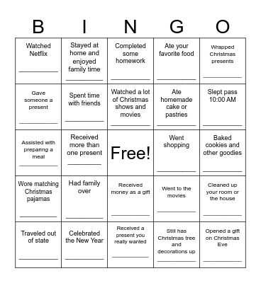 Christmas Break Bingo Card