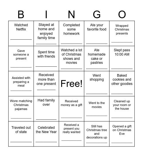Christmas Break Bingo Card