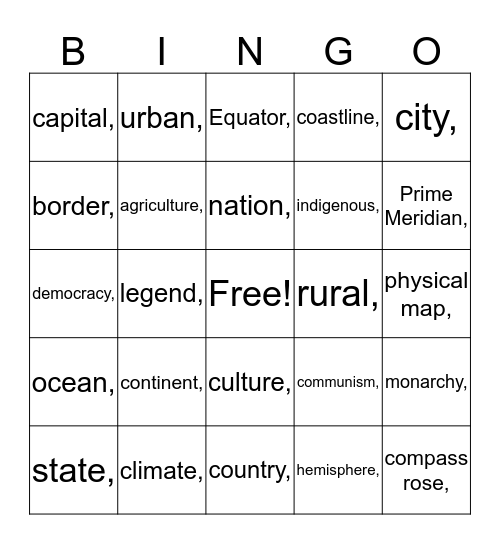 Geography Vocab Bingo Card