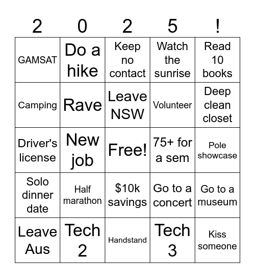 New Years Bingo Card
