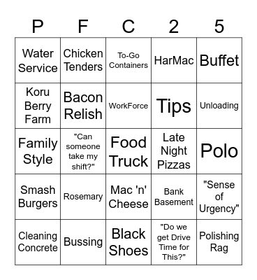 Peppercorn Food Co Bingo Card