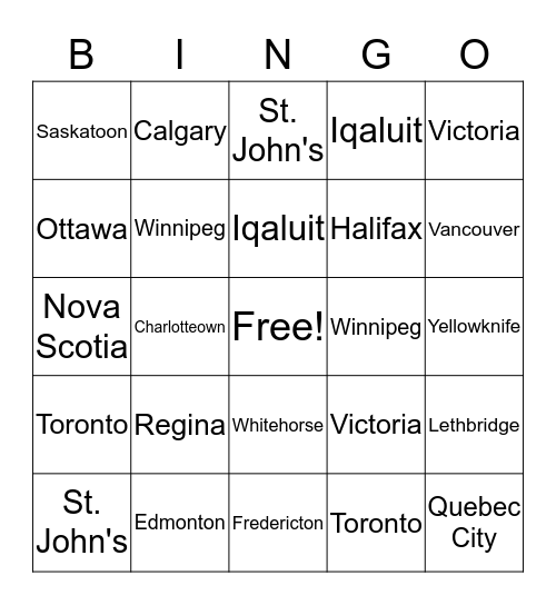Capital Cities in Canada Bingo Card