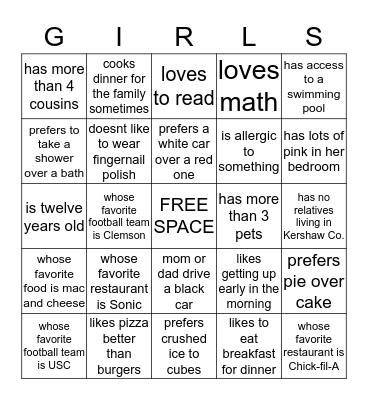 Getting to Know GIRLS Bingo Card