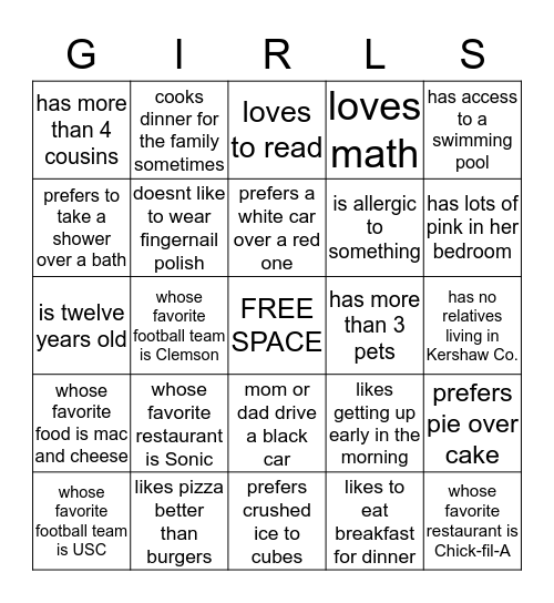 Getting to Know GIRLS Bingo Card
