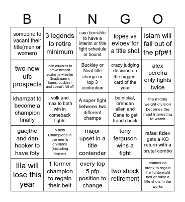 UFC Bingo 2025 Bingo Card
