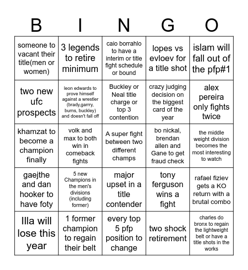 UFC Bingo 2025 Bingo Card