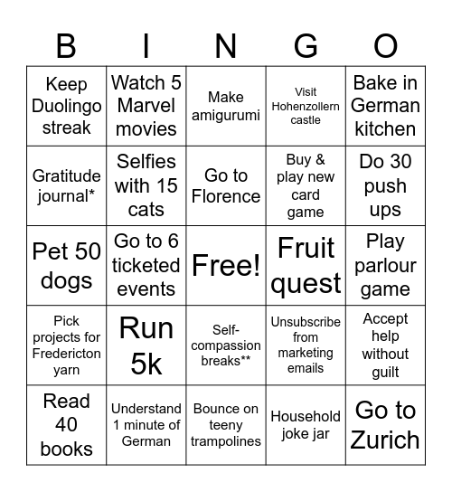 New Year's Bingo Card