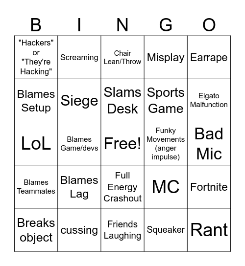 Gamer Rage Comp Bingo Card