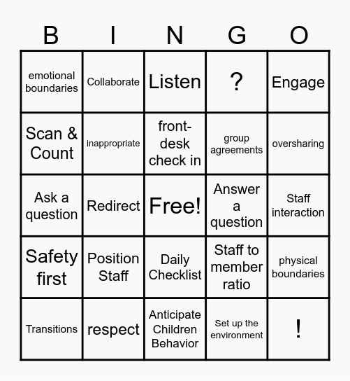 Active Supervision Bingo Card