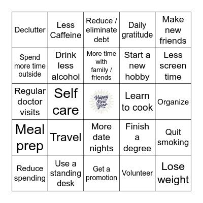 New Years Resolutions Bingo Card