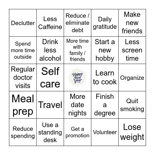 New Years Resolutions Bingo Card