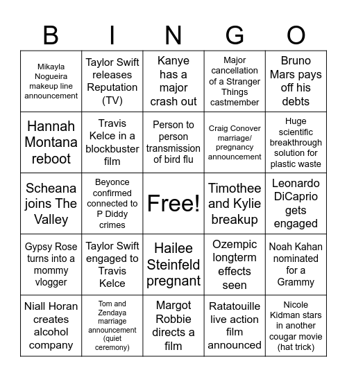 Dani's 2025 Pop Culture Bingo Card