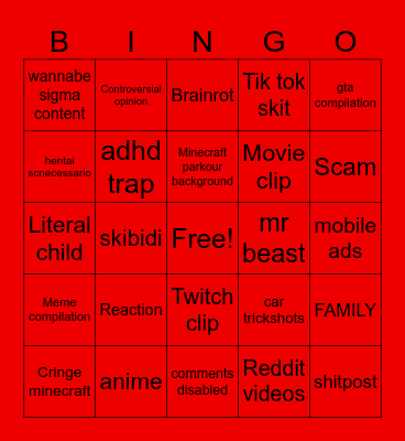YouTube shorts Bingo Card