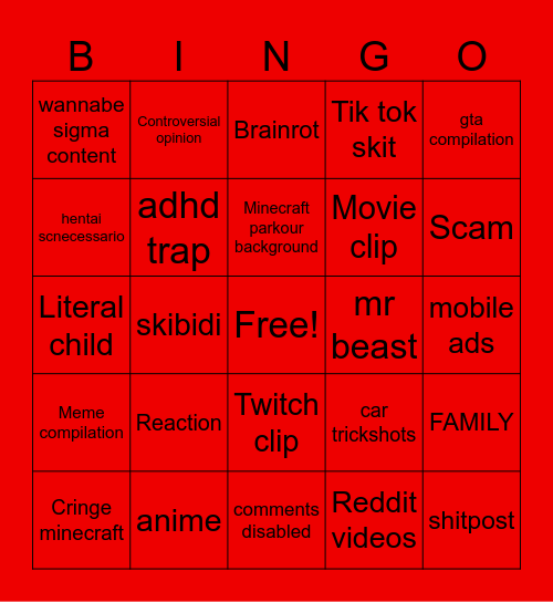 YouTube shorts Bingo Card