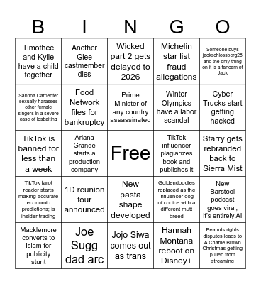 Mel's 2025 Pop Culture Bingo Card
