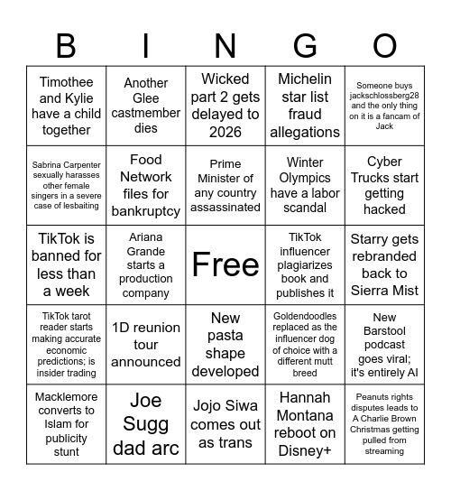 Mel's 2025 Pop Culture Bingo Card