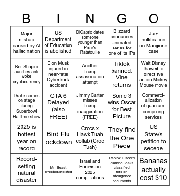 2025 Sort of Silly Bingo Card