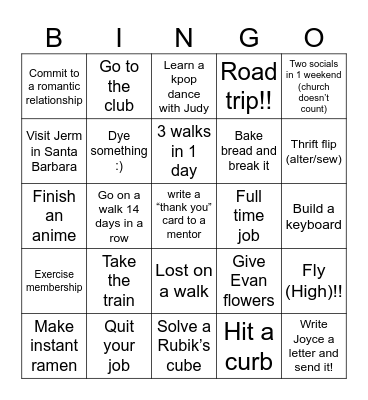 Jessica’s 2025 Bingo Card