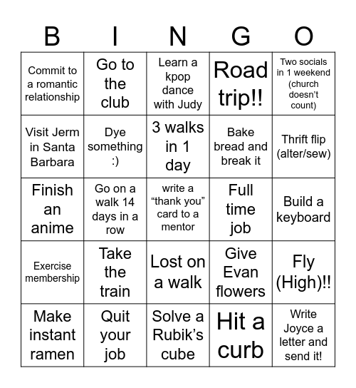 Jessica’s 2025 Bingo Card