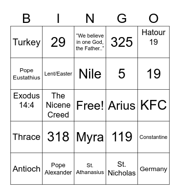 The Nicene Creed Bingo Card