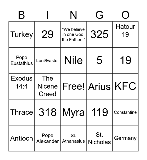 The Nicene Creed Bingo Card