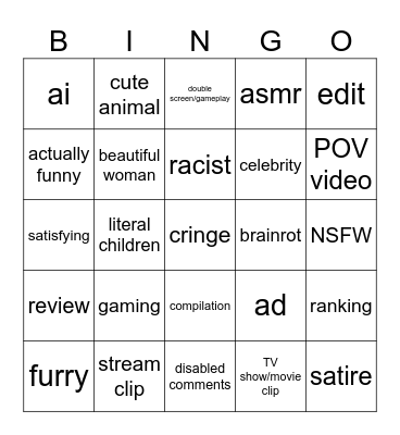 Youtube Shorts Bingo Card