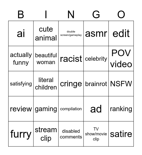 Youtube Shorts Bingo Card