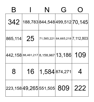 Place Value Bingo Card