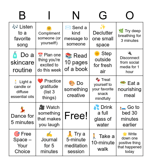 🧖‍♀️ Self-Care Bingo 🧘‍♂️ Bingo Card