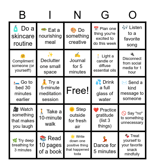🧖‍♀️ Self-Care Bingo 🧘‍♂️ Bingo Card