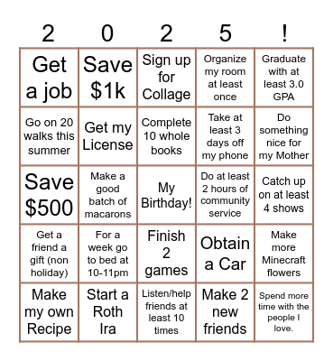 Isaiah's New Years Bingo Card Bingo Card