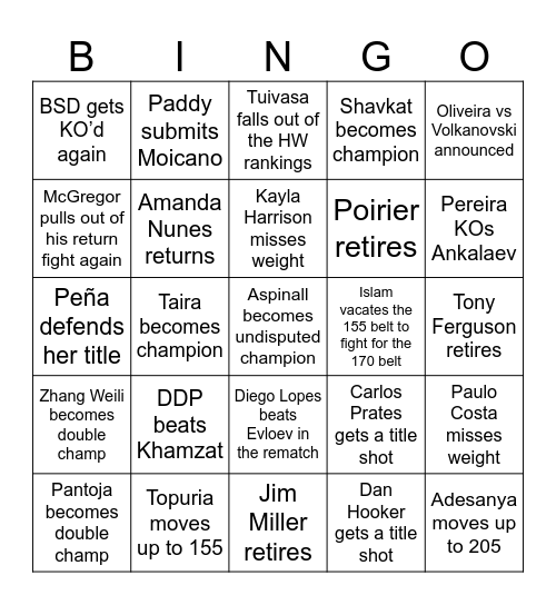UFC Bingo 2025 Bingo Card