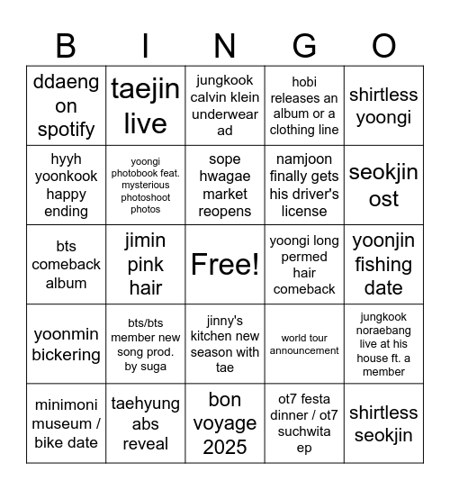 2025 BTS Bingo Card