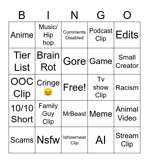 Yt shorts Bingo Card