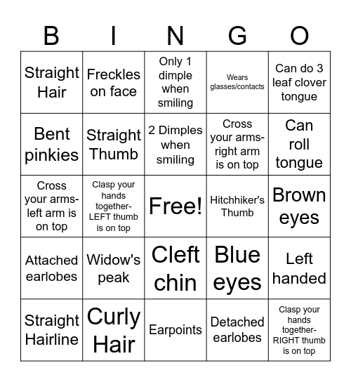 Human Traits Bingo Card