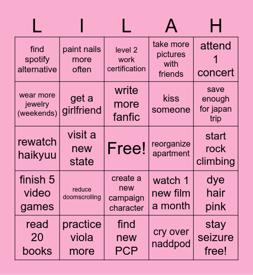 Delilah 2025 Bingo Card