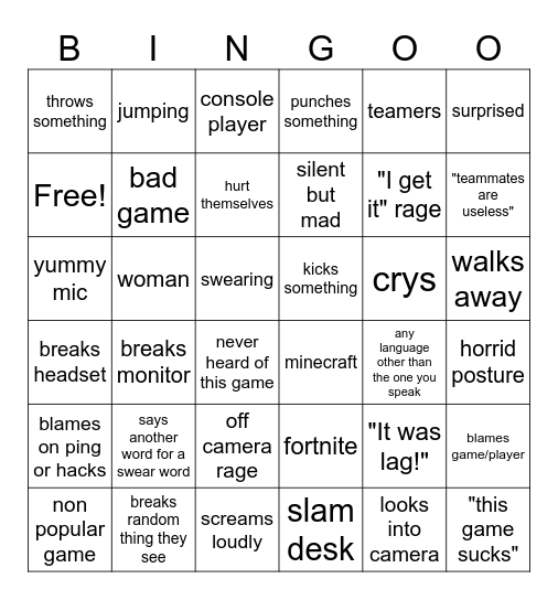 Gamer Rage bingo 6x6 Bingo Card