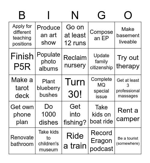 Taylor's 2025 Goals Bingo Card