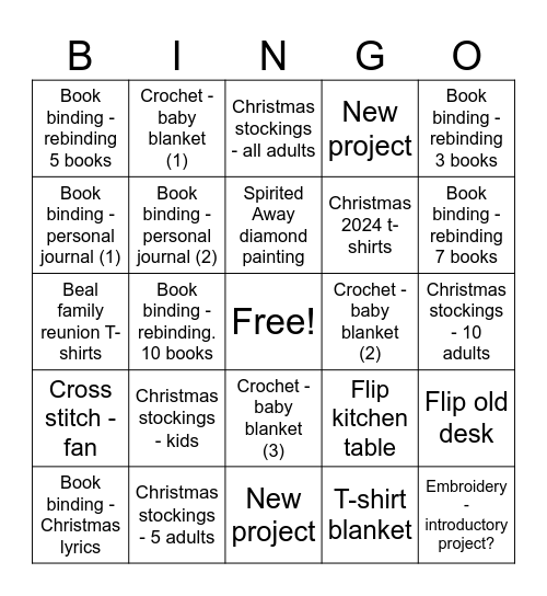 Craft Projects Bingo Card