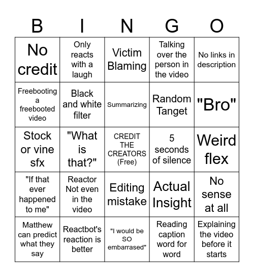 Bad Reactor Bingo Card