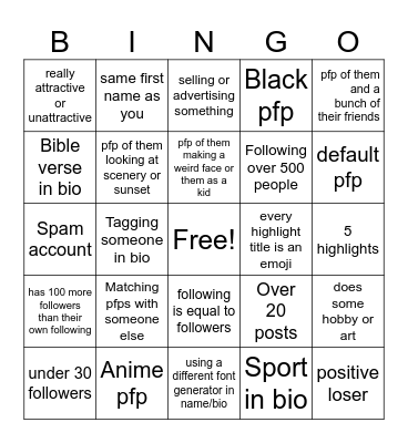 Instagram profile hingo Bingo Card