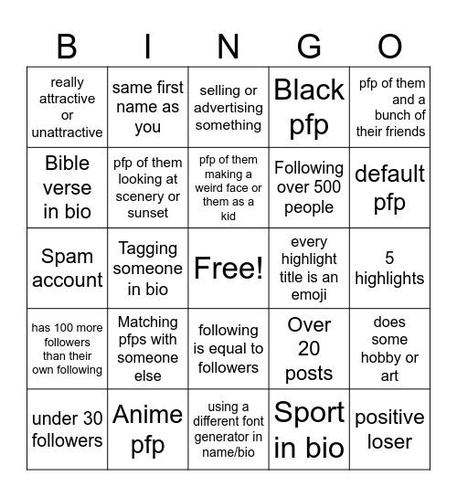 Instagram profile hingo Bingo Card